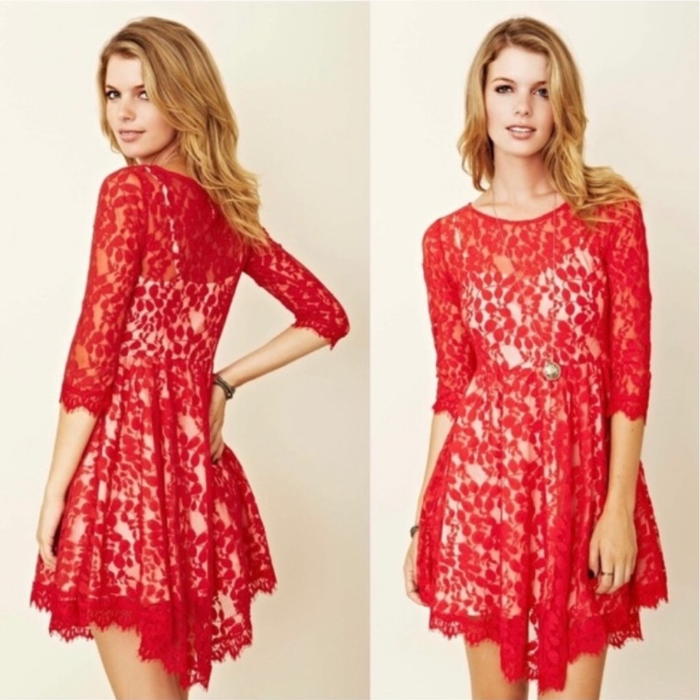 Free People Red Floral Lace Mesh Dress